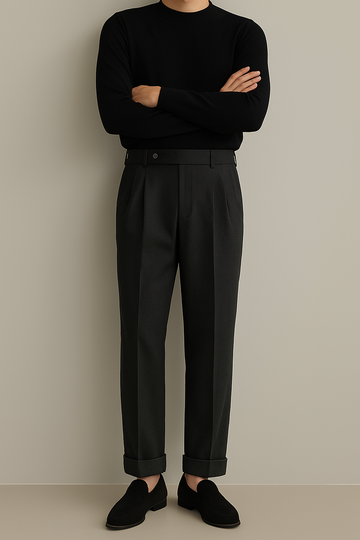 Men’s Dress Trousers – High Waist – Pleated Front – Cuffed Hem – Wool Blend – Straight Leg Fit