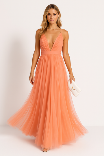 Women’s Maxi Dress – Lightweight Chiffon – Sleeveless – V-Neck – Cinched Waist