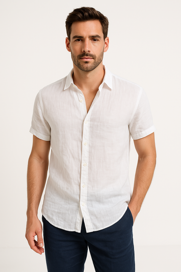 Men’s Button-Down Shirt – Linen Blend – Relaxed Fit – Short Sleeve – Casual Wear