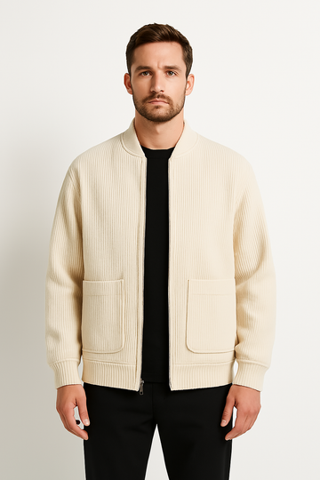 Men’s Corduroy Jacket – Relaxed Fit – V-Neck Zip Front – Ribbed Texture – Patch Pockets