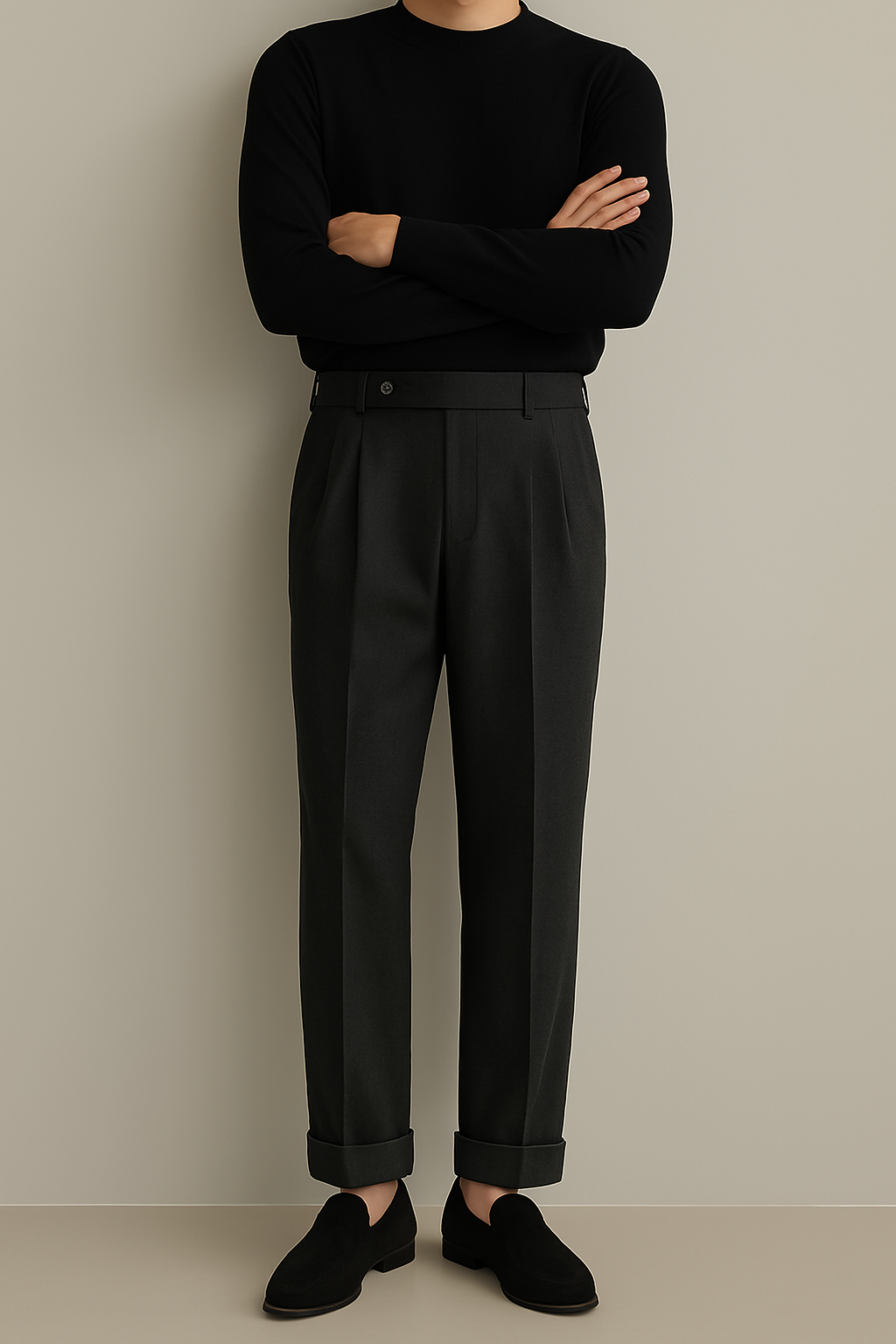 Men’s Dress Trousers – High Waist – Pleated Front – Cuffed Hem – Wool Blend – Straight Leg Fit