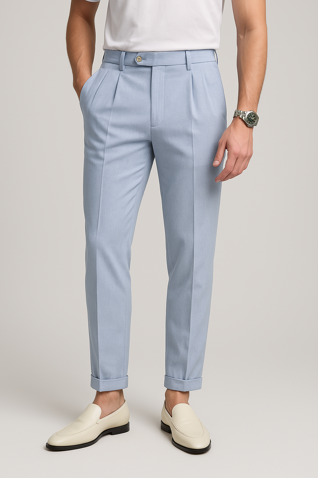Men’s Straight-Leg Trousers – High Waist – Pleated Front – Cuffed Hem – Breathable Fabric