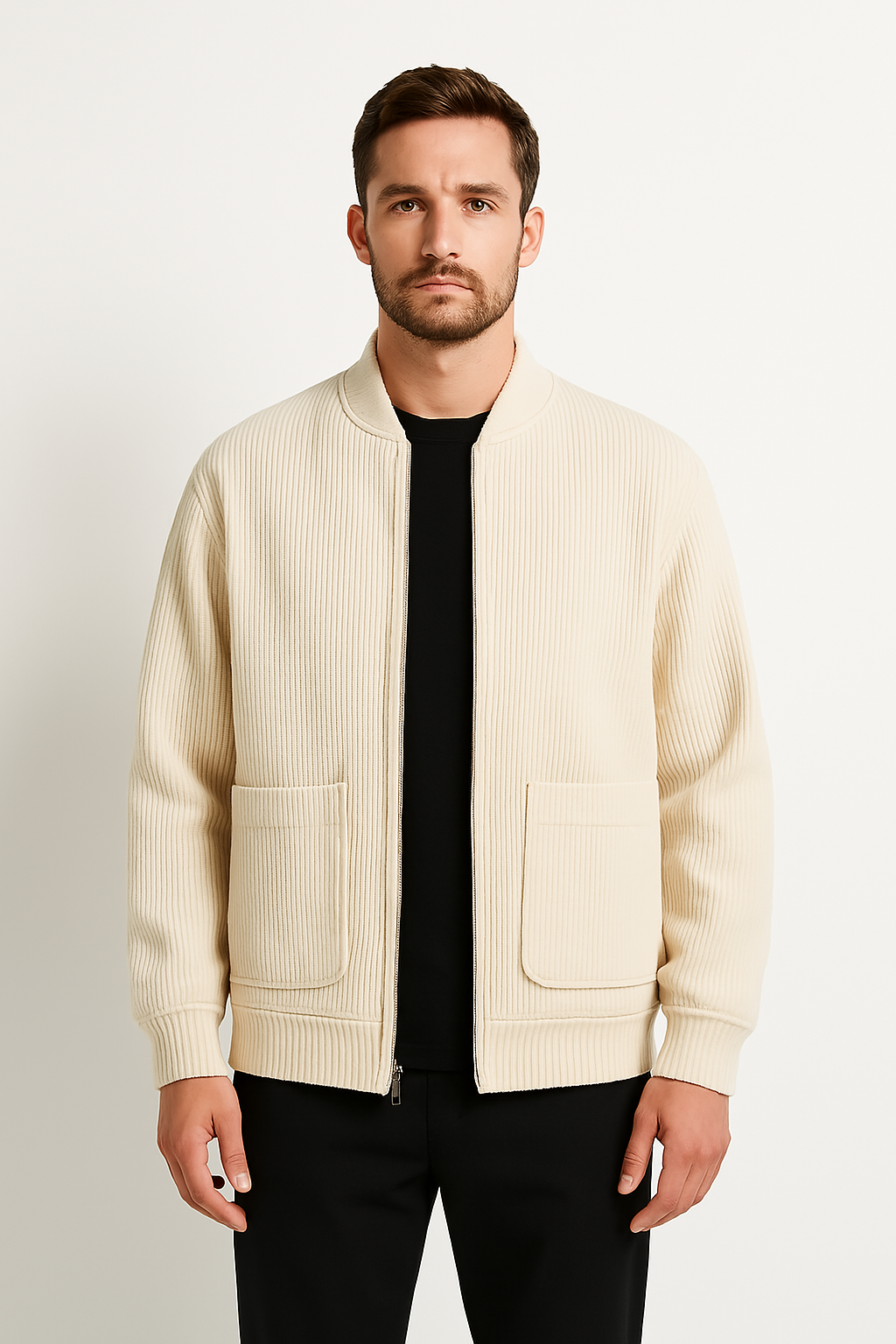Men’s Corduroy Jacket – Relaxed Fit – V-Neck Zip Front – Ribbed Texture – Patch Pockets
