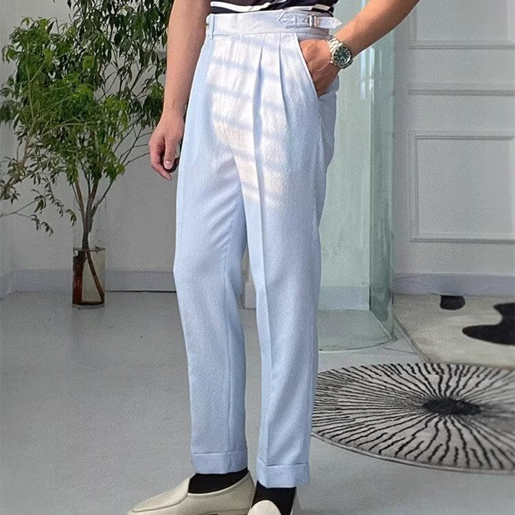 Men’s Straight-Leg Trousers – High Waist – Pleated Front – Cuffed Hem – Breathable Fabric