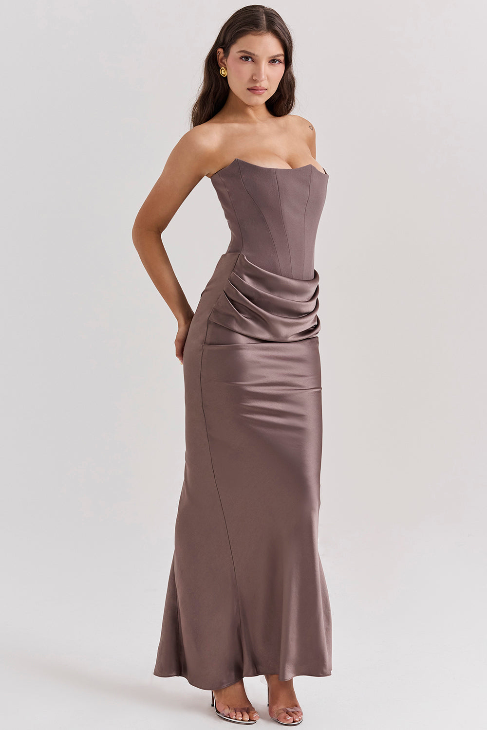 Women’s Maxi Dress – Satin Fabric – Strapless Corset Bodice – Slim Fit Formal Wear
